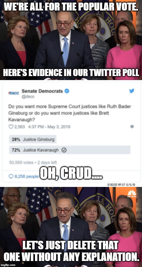 WE'RE ALL FOR THE POPULAR VOTE. HERE'S EVIDENCE IN OUR TWITTER POLL; OH, CRUD.... LET'S JUST DELETE THAT ONE WITHOUT ANY EXPLANATION. | image tagged in democrat congressmen | made w/ Imgflip meme maker