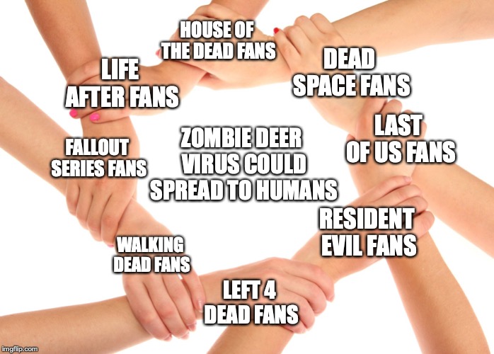 We're all in this together! (Zombie Deer Virus) | HOUSE OF THE DEAD FANS; DEAD SPACE FANS; LIFE AFTER FANS; ZOMBIE DEER VIRUS COULD SPREAD TO HUMANS; LAST OF US FANS; FALLOUT SERIES FANS; RESIDENT EVIL FANS; WALKING DEAD FANS; LEFT 4 DEAD FANS | image tagged in zombiedeervirus,cwdvirus,cwdmeme,zombie apocalypse,zombie survival squad | made w/ Imgflip meme maker
