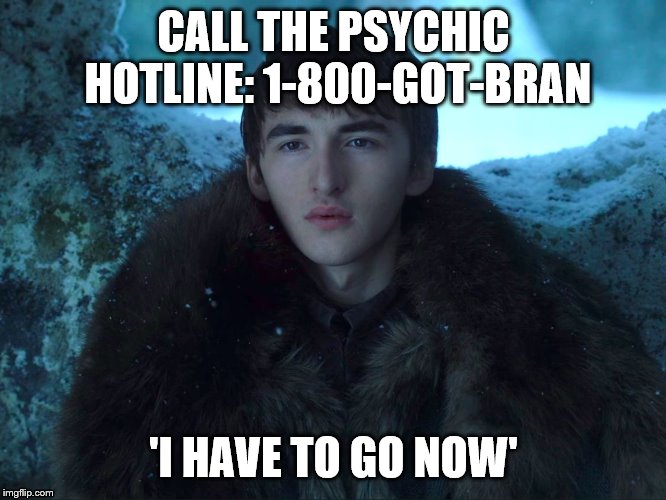 Bran Stark | CALL THE PSYCHIC HOTLINE:
1-800-GOT-BRAN; 'I HAVE TO GO NOW' | image tagged in bran stark | made w/ Imgflip meme maker