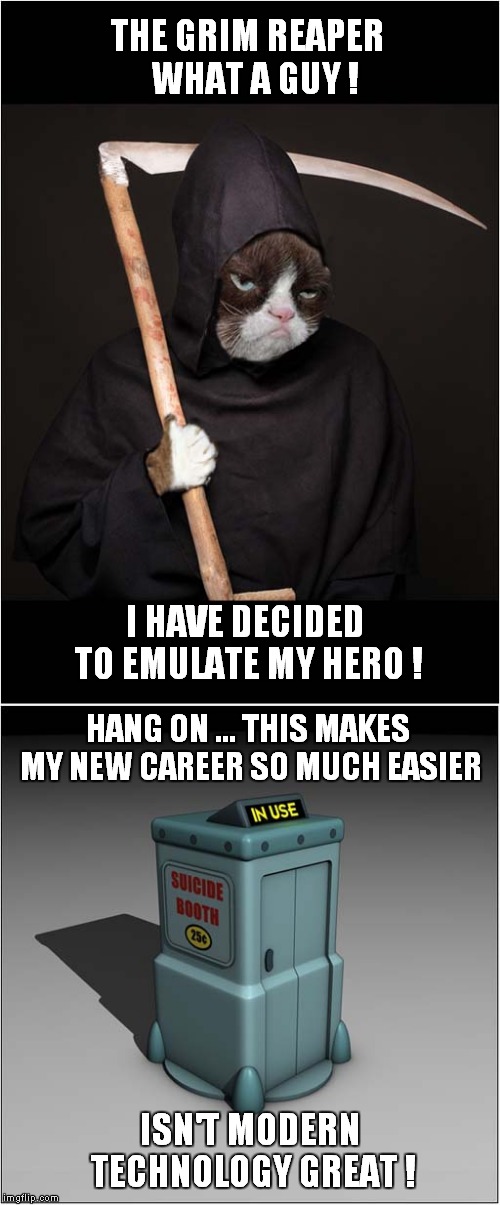 Grumpys Admiration of The Grim Reaper | THE GRIM REAPER  WHAT A GUY ! I HAVE DECIDED TO EMULATE MY HERO ! HANG ON ... THIS MAKES MY NEW CAREER SO MUCH EASIER; ISN'T MODERN TECHNOLOGY GREAT ! | image tagged in cats,grumpy cat,grim reaper | made w/ Imgflip meme maker