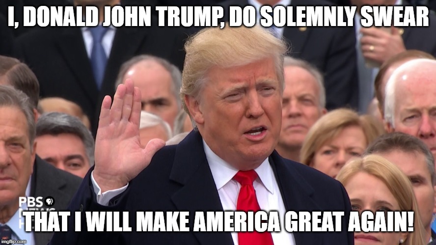 Oath of Office | I, DONALD JOHN TRUMP, DO SOLEMNLY SWEAR; THAT I WILL MAKE AMERICA GREAT AGAIN! | image tagged in donald trump,donaldtrump,inauguration,liar,the rump | made w/ Imgflip meme maker