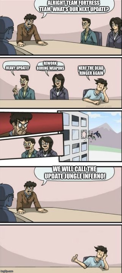 Boardroom Meeting Sugg 2 | ALRIGHT TEAM FORTRESS TEAM, WHAT’S OUR NEXT UPDATE? REWORK BORING WEAPONS; HEAVY UPDATE! NERF THE DEAD RINGER AGAIN; WE WILL CALL THE UPDATE JUNGLE INFERNO! | image tagged in boardroom meeting sugg 2 | made w/ Imgflip meme maker