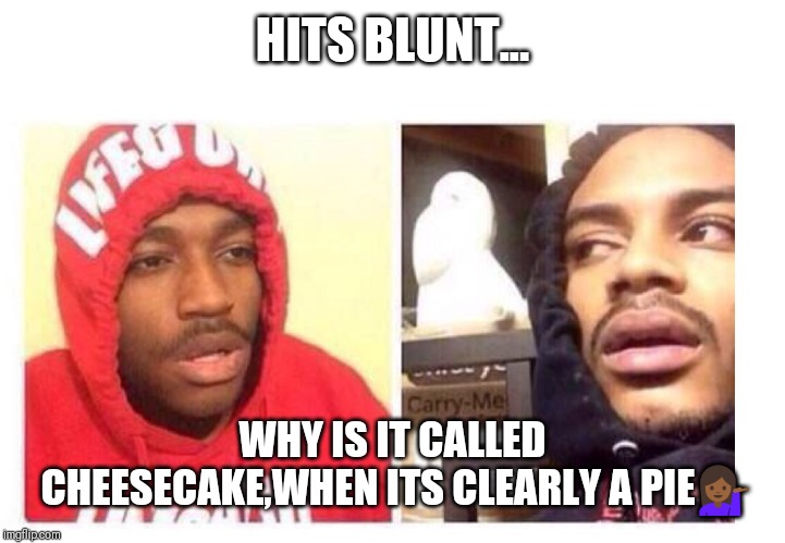 Hits blunt | HITS BLUNT... WHY IS IT CALLED CHEESECAKE,WHEN ITS CLEARLY A PIE💁🏾 | image tagged in hits blunt | made w/ Imgflip meme maker