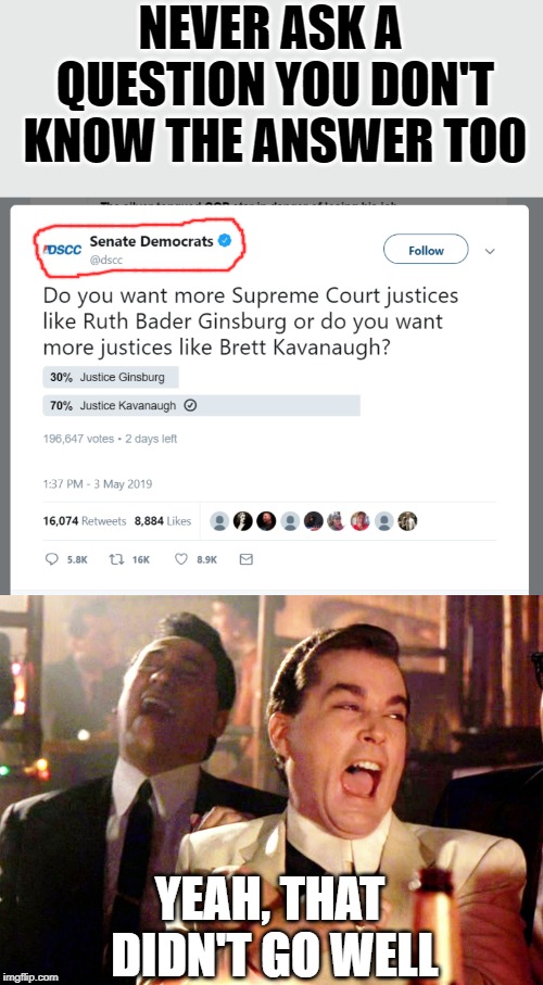 The DSCC has deleted this poll. I wonder why? |  NEVER ASK A QUESTION YOU DON'T KNOW THE ANSWER TO0; YEAH, THAT DIDN'T GO WELL | image tagged in memes,good fellas hilarious | made w/ Imgflip meme maker