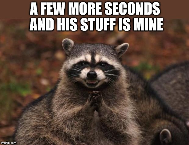 evil genius racoon | A FEW MORE SECONDS AND HIS STUFF IS MINE | image tagged in evil genius racoon | made w/ Imgflip meme maker