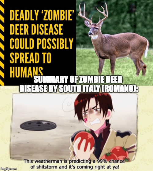 Hetalia Romano predicts a 99% chance of zombie apocalypse | SUMMARY OF ZOMBIE DEER DISEASE BY SOUTH ITALY (ROMANO): | image tagged in zombiedeer,zombie apocalypse,hetalia,hetaliaromano,cwdmeme | made w/ Imgflip meme maker