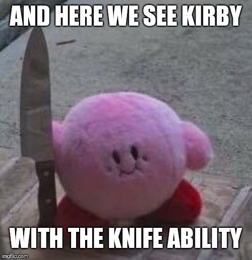 creepy kirby | AND HERE WE SEE KIRBY; WITH THE KNIFE ABILITY | image tagged in creepy kirby | made w/ Imgflip meme maker