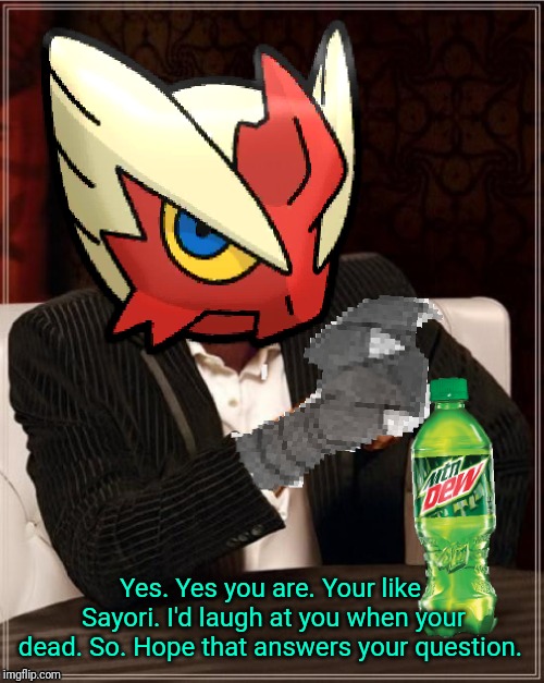 Most Interesting Blaziken in Hoenn | Yes. Yes you are. Your like Sayori. I'd laugh at you when your dead. So. Hope that answers your question. | image tagged in most interesting blaziken in hoenn | made w/ Imgflip meme maker