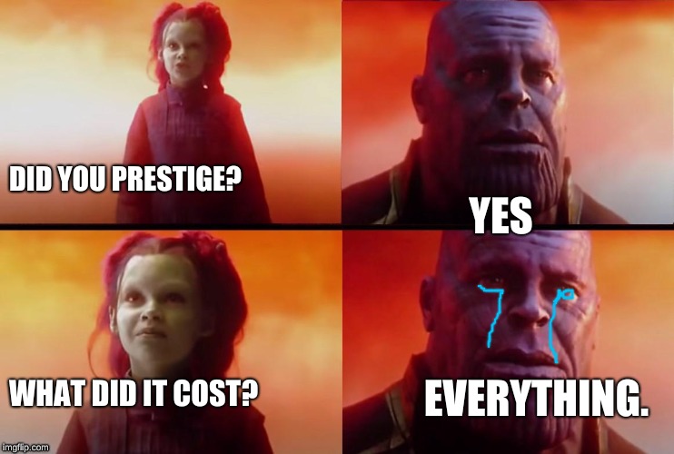thanos what did it cost | DID YOU PRESTIGE? YES; EVERYTHING. WHAT DID IT COST? | image tagged in thanos what did it cost | made w/ Imgflip meme maker