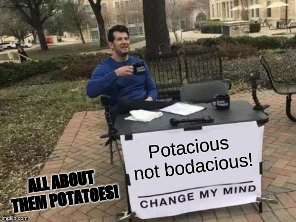 Change My Mind Meme | Potacious not bodacious! ALL ABOUT THEM POTATOES! | image tagged in memes,change my mind | made w/ Imgflip meme maker