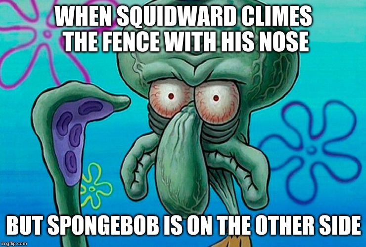 WHEN SQUIDWARD CLIMES THE FENCE WITH HIS NOSE; BUT SPONGEBOB IS ON THE OTHER SIDE | image tagged in squidward | made w/ Imgflip meme maker