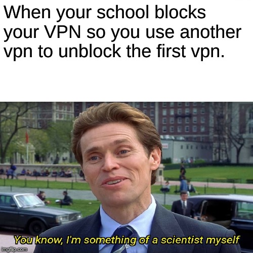 im something of a scientist myself | When your school blocks your VPN so you use another vpn to unblock the first vpn. | image tagged in memes,dank memes,funny,funnymemes,shitpost | made w/ Imgflip meme maker