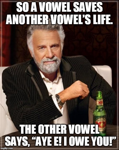 The Most Interesting Man In The World | SO A VOWEL SAVES ANOTHER VOWEL’S LIFE. THE OTHER VOWEL SAYS, “AYE E! I OWE YOU!” | image tagged in memes,the most interesting man in the world | made w/ Imgflip meme maker