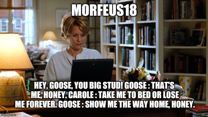 Meg Ryan You've got Mail | MORFEUS18; HEY, GOOSE, YOU BIG STUD! GOOSE : THAT'S ME, HONEY. CAROLE : TAKE ME TO BED OR LOSE ME FOREVER. GOOSE : SHOW ME THE WAY HOME, HONEY. | image tagged in meg ryan you've got mail | made w/ Imgflip meme maker