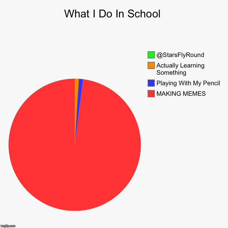 What I Do In School | MAKING MEMES, Playing With My Pencil, Actually Learning Something, @StarsFlyRound | image tagged in charts,pie charts | made w/ Imgflip chart maker