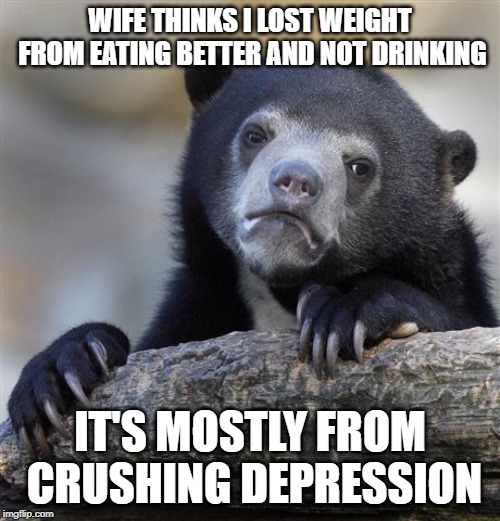 Confession Bear Meme | WIFE THINKS I LOST WEIGHT FROM EATING BETTER AND NOT DRINKING; IT'S MOSTLY FROM CRUSHING DEPRESSION | image tagged in memes,confession bear,AdviceAnimals | made w/ Imgflip meme maker
