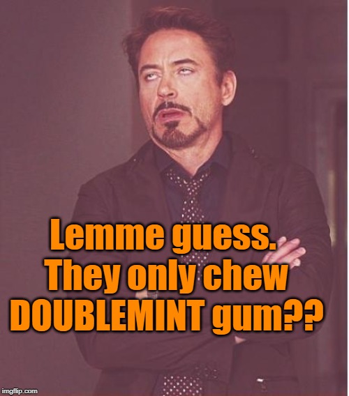 Face You Make Robert Downey Jr Meme | Lemme guess. They only chew DOUBLEMINT gum?? | image tagged in memes,face you make robert downey jr | made w/ Imgflip meme maker