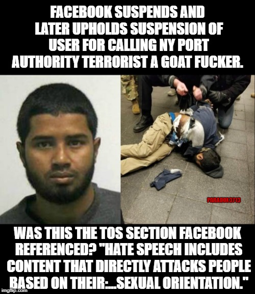 Imagine being suspended for calling out a Terrorist. | FACEBOOK SUSPENDS AND LATER UPHOLDS SUSPENSION OF USER FOR CALLING NY PORT AUTHORITY TERRORIST A GOAT FUCKER. PARADOX3713; WAS THIS THE TOS SECTION FACEBOOK REFERENCED? "HATE SPEECH INCLUDES CONTENT THAT DIRECTLY ATTACKS PEOPLE BASED ON THEIR:...SEXUAL ORIENTATION." | image tagged in memes,new york,terrorism,facebook,terms and conditions | made w/ Imgflip meme maker