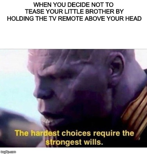 THANOS HARDEST CHOICES | WHEN YOU DECIDE NOT TO TEASE YOUR LITTLE BROTHER BY HOLDING THE TV REMOTE ABOVE YOUR HEAD | image tagged in thanos hardest choices | made w/ Imgflip meme maker