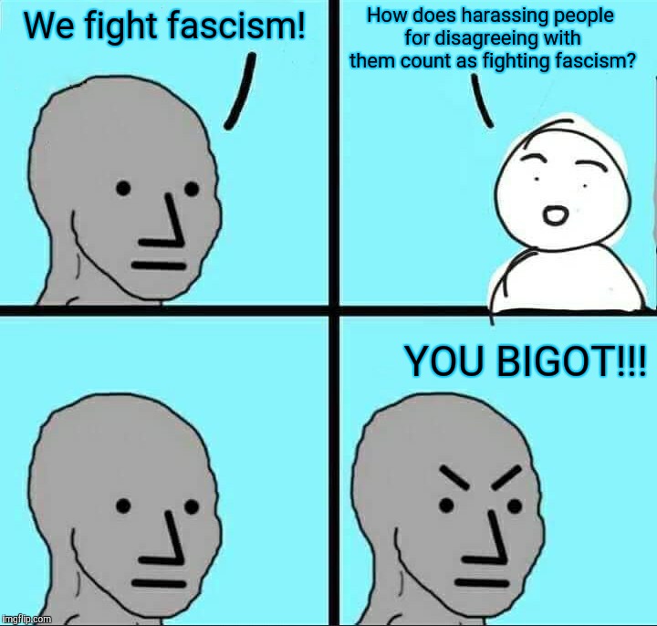 NPC Meme | We fight fascism! How does harassing people for disagreeing with them count as fighting fascism? YOU BIGOT!!! | image tagged in npc meme | made w/ Imgflip meme maker