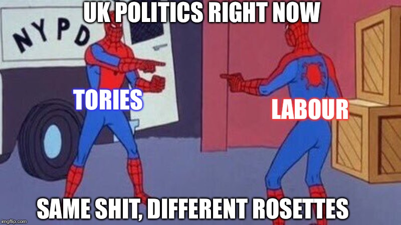 spiderman pointing at spiderman | UK POLITICS RIGHT NOW; TORIES; LABOUR; SAME SHIT, DIFFERENT ROSETTES | image tagged in spiderman pointing at spiderman | made w/ Imgflip meme maker