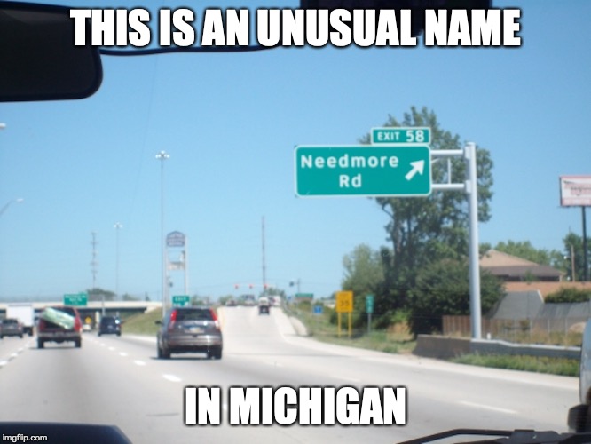 Needmore Rd | THIS IS AN UNUSUAL NAME; IN MICHIGAN | image tagged in street name,road sign,memes | made w/ Imgflip meme maker