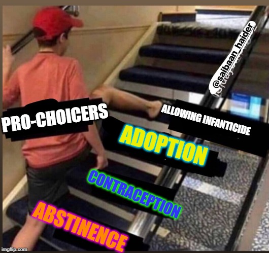 Skipped the stairs | PRO-CHOICERS; ALLOWING INFANTICIDE; ADOPTION; CONTRACEPTION; ABSTINENCE | image tagged in skipped the stairs | made w/ Imgflip meme maker