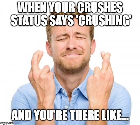 Crossed fingers | WHEN YOUR CRUSHES STATUS SAYS 'CRUSHING'; AND YOU'RE THERE LIKE... | image tagged in crossed fingers | made w/ Imgflip meme maker