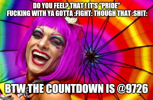 gay pride | DO YOU FEEL? THAT ! IT'S "PRIDE" FUCKING WITH YA GOTTA :FIGHT: THOUGH THAT :SHIT:; BTW THE COUNTDOWN IS @9726 | image tagged in gay pride | made w/ Imgflip meme maker