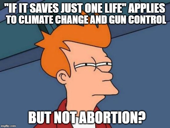 hmm | "IF IT SAVES JUST ONE LIFE" APPLIES; TO CLIMATE CHANGE AND GUN CONTROL; BUT NOT ABORTION? | image tagged in memes,futurama fry,climate change,gun control | made w/ Imgflip meme maker