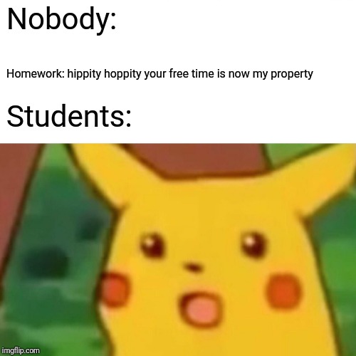 Surprised Pikachu Meme | Nobody:; Homework: hippity hoppity your free time is now my property; Students: | image tagged in memes,surprised pikachu | made w/ Imgflip meme maker