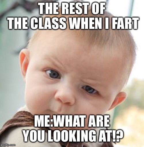 Skeptical Baby Meme | THE REST OF THE CLASS WHEN I FART; ME:WHAT ARE YOU LOOKING AT!? | image tagged in memes,skeptical baby | made w/ Imgflip meme maker