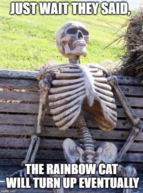 Waiting Skeleton Meme | JUST WAIT THEY SAID, THE RAINBOW CAT WILL TURN UP EVENTUALLY | image tagged in memes,waiting skeleton | made w/ Imgflip meme maker