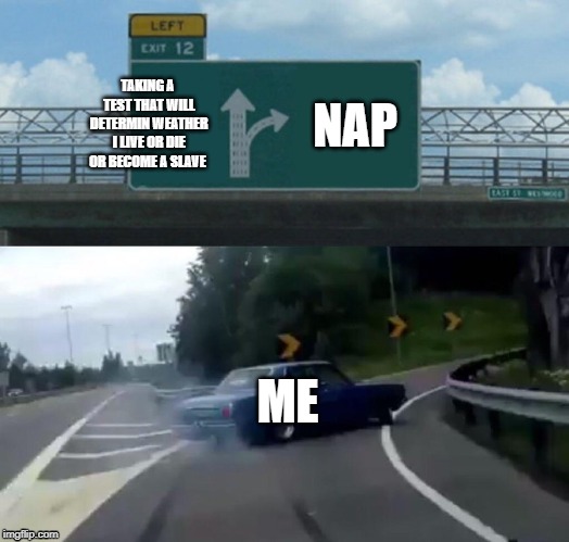 Left Exit 12 Off Ramp Meme | TAKING A TEST THAT WILL DETERMINE WHETHER I LIVE OR DIE OR BECOME A SLAVE; NAP; ME | image tagged in memes,left exit 12 off ramp | made w/ Imgflip meme maker