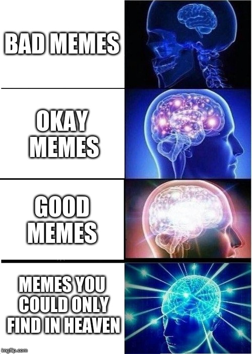 Expanding Brain | BAD MEMES; OKAY MEMES; GOOD MEMES; MEMES YOU COULD ONLY FIND IN HEAVEN | image tagged in memes,expanding brain | made w/ Imgflip meme maker