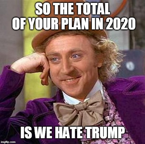Creepy Condescending Wonka Meme | SO THE TOTAL OF YOUR PLAN IN 2020; IS WE HATE TRUMP | image tagged in memes,creepy condescending wonka | made w/ Imgflip meme maker