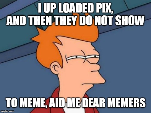 Futurama Fry | I UP LOADED PIX, AND THEN THEY DO NOT SHOW; TO MEME, AID ME DEAR MEMERS | image tagged in memes,futurama fry | made w/ Imgflip meme maker