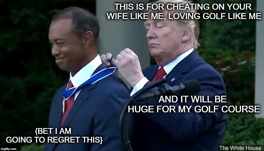 Mini gump errr Tiger, he is dead to me. | THIS IS FOR CHEATING ON YOUR WIFE LIKE ME, LOVING GOLF LIKE ME; AND IT WILL BE HUGE FOR MY GOLF COURSE; {BET I AM GOING TO REGRET THIS} | image tagged in memes,politics,golf,maga,impeach trump,sad | made w/ Imgflip meme maker