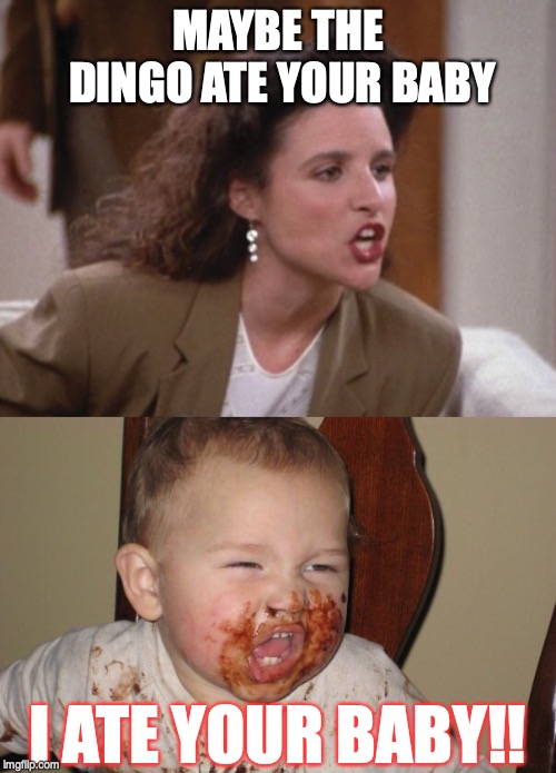 Maybe the baby ate your dingo. | MAYBE THE DINGO ATE YOUR BABY; I ATE YOUR BABY!! | image tagged in dingo ate your baby | made w/ Imgflip meme maker