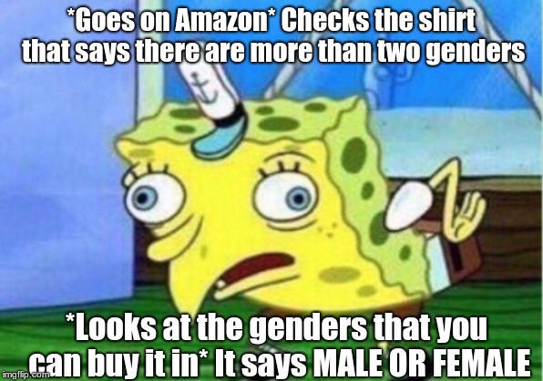 Mocking Spongebob | *Goes on Amazon*
Checks the shirt that says there are more than two genders; *Looks at the genders that you can buy it in*
It says MALE OR FEMALE | image tagged in memes,mocking spongebob | made w/ Imgflip meme maker