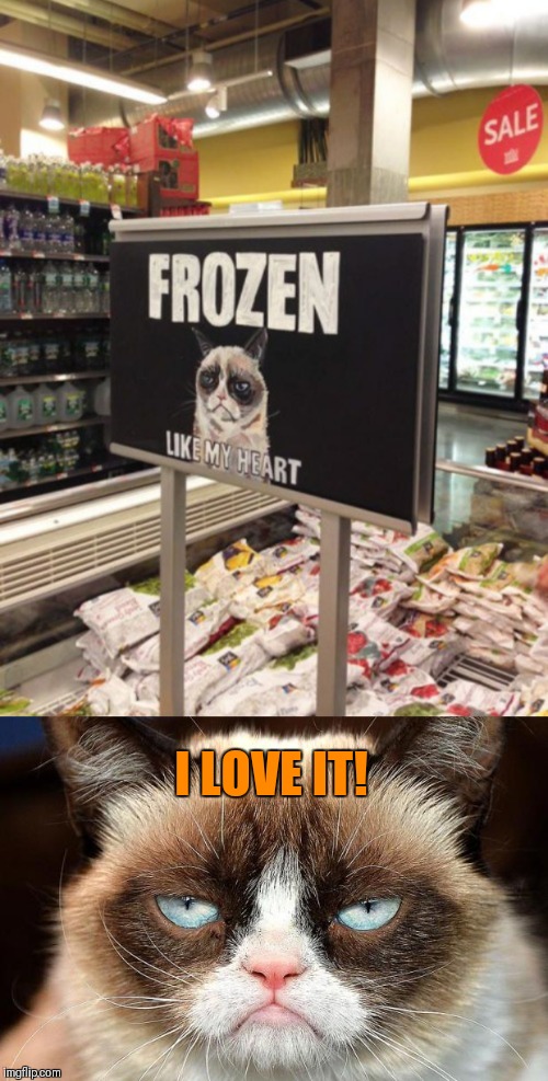 Repost Your Own Memes Week, April 16th until... (A Socrates and Craziness_all_the_way event) | I LOVE IT! | image tagged in memes,grumpy cat not amused,repost your own memes week,44colt,grumpy cat,grocery store | made w/ Imgflip meme maker