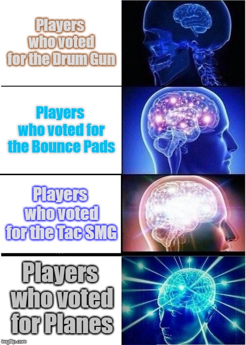 Expanding Brain Meme | Players who voted for the Drum Gun Players who voted for the Bounce Pads Players who voted for the Tac SMG Players who voted for Planes | image tagged in memes,expanding brain | made w/ Imgflip meme maker