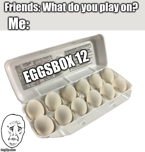 That's so eggsciting -_- | Friends: What do you play on? Me:; EGGSBOX 12 | image tagged in eggs,gaming,okay face | made w/ Imgflip meme maker