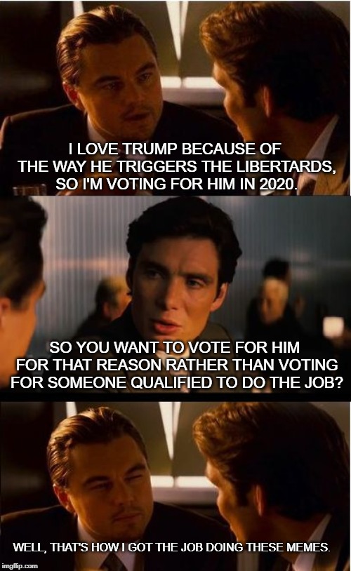 Inception Meme | I LOVE TRUMP BECAUSE OF THE WAY HE TRIGGERS THE LIBERTARDS, SO I'M VOTING FOR HIM IN 2020. SO YOU WANT TO VOTE FOR HIM FOR THAT REASON RATHER THAN VOTING FOR SOMEONE QUALIFIED TO DO THE JOB? WELL, THAT'S HOW I GOT THE JOB DOING THESE MEMES. | image tagged in memes,inception | made w/ Imgflip meme maker