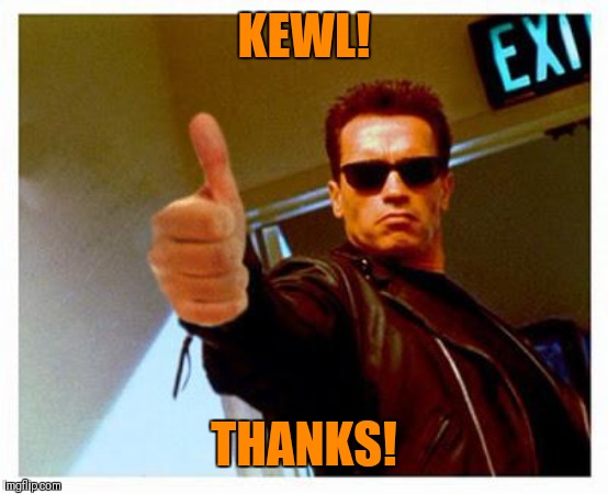 terminator thumbs up | KEWL! THANKS! | image tagged in terminator thumbs up | made w/ Imgflip meme maker