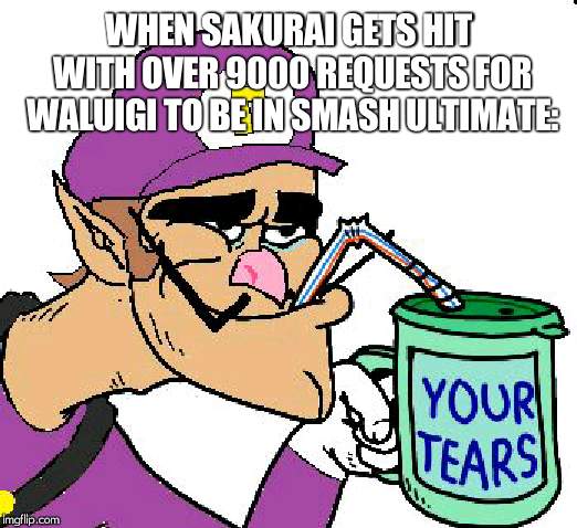 Bet this is true | WHEN SAKURAI GETS HIT WITH OVER 9000 REQUESTS FOR WALUIGI TO BE IN SMASH ULTIMATE: | image tagged in waluigi drinking tears | made w/ Imgflip meme maker