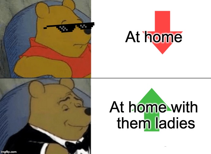 Tuxedo Winnie The Pooh Meme | At home; At home with them ladies | image tagged in memes,tuxedo winnie the pooh | made w/ Imgflip meme maker