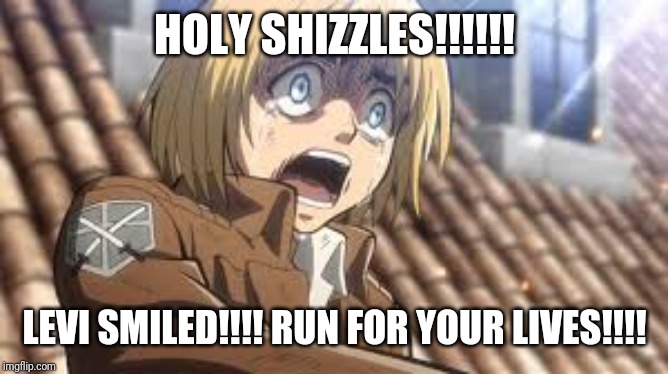 Aot memes | HOLY SHIZZLES!!!!!! LEVI SMILED!!!! RUN FOR YOUR LIVES!!!! | image tagged in aot memes | made w/ Imgflip meme maker