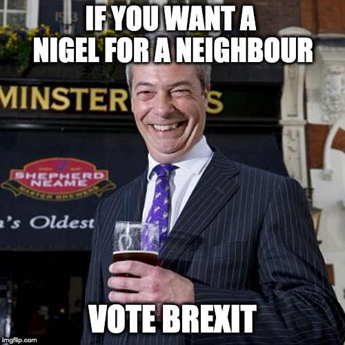 Nigel Farage | IF YOU WANT A NIGEL FOR A NEIGHBOUR; VOTE BREXIT | image tagged in nigel farage | made w/ Imgflip meme maker