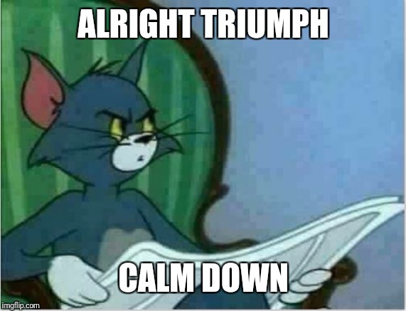 Interrupting Tom's Read | ALRIGHT TRIUMPH CALM DOWN | image tagged in interrupting tom's read | made w/ Imgflip meme maker